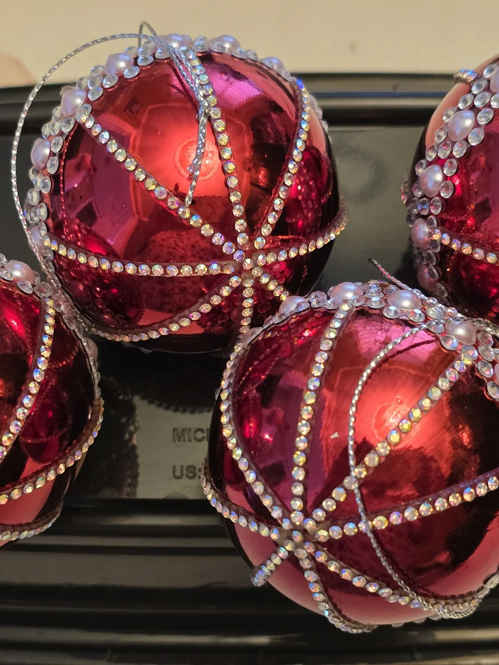 Red Beaded Holiday Ornament Set - Decorative Christmas New 4 Piece 2.6 Inch